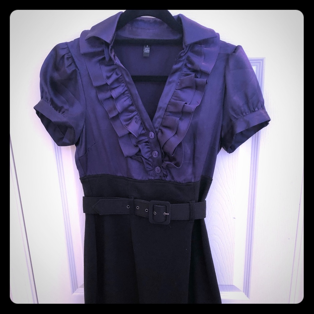 Collared Purple and Black Belted Midi Dress